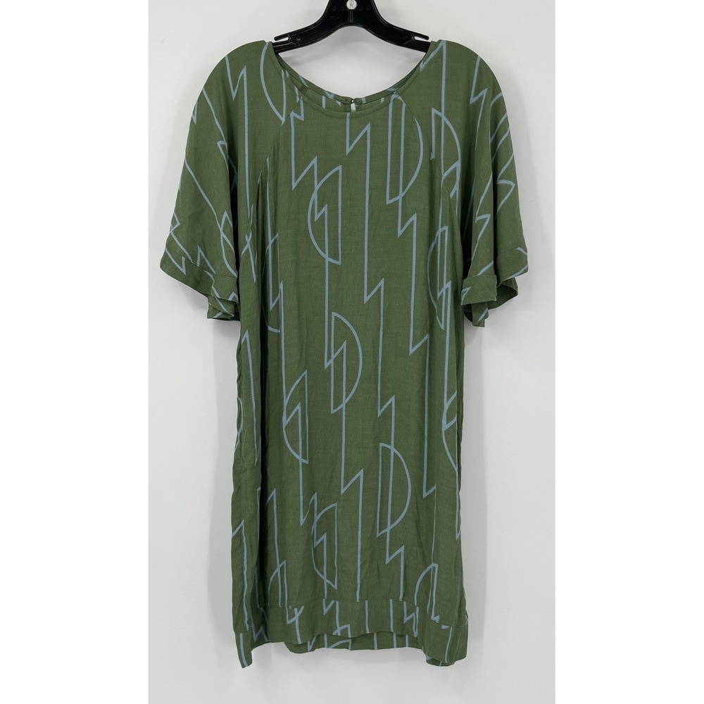 Bel Kazan Womens Olive Green Geometric Print Short Sleeve Shift Dress Size M